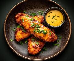 Crispy fried chicken tenders served with tangy dipping sauce on a plate photo