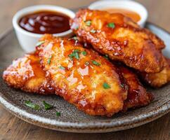Delicious chicken tenders served with dipping sauces on a rustic plate photo
