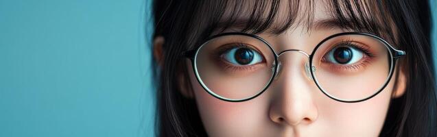 Young woman with glasses and striking eyes in a blue background setting photo