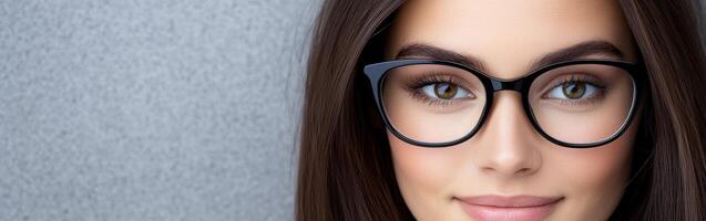 Young woman with glasses smiling while posing against a textured background photo
