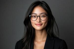 Smiling young woman in glasses and black blazer on plain backdrop photo