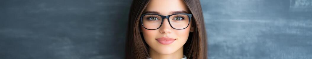 Young woman with glasses smiling against a plain background in casual setting photo