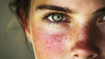Close-up portrait of a young person with striking green eyes and freckles photo