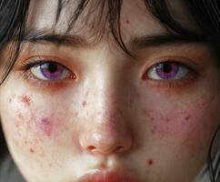 Close-up view of a young woman with unique eyes and skin blemishes photo
