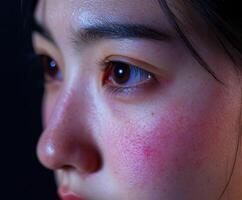 Close-up of a young woman's face capturing emotion and beauty in subtle light photo