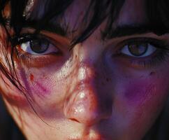 Close-up of expressive eyes with unique makeup in natural light setting photo