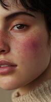 Model showcases natural beauty with freckles and rosy cheeks in close-up photo