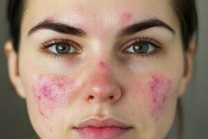 Skincare struggles visible on young woman's face with acne and redness photo
