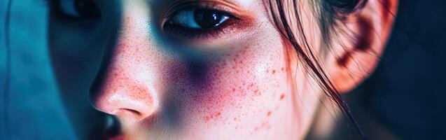 Close-up of a freckled youth with expressive eyes in soft light photo