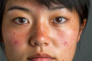 Close-up portrait of a young woman with freckles and natural expression photo