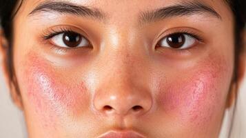 Skin condition causing redness on face of young woman photo