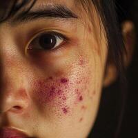 Close-up of a person with skin imperfections and emotional expression photo