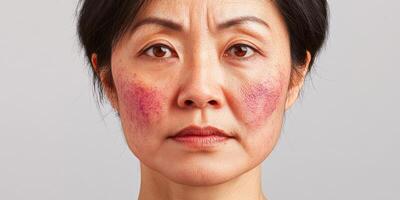 Woman with facial redness and bruising expressing concern in neutral setting photo