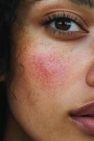 Natural beauty highlighted by skin texture and warm light in close-up view photo