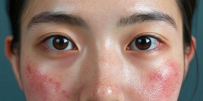 Skin condition highlighting redness and irritation on cheeks of a young adult photo