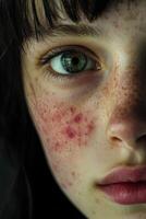 Close-up of a girl's face highlighting unique freckles and vivid eye color photo