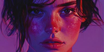 Vibrant portrait of a young woman with bold makeup and colorful lighting photo