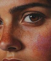 Close-up of an expressive face highlighting detailed skin texture and eye color photo
