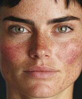 Natural beauty portrait showcasing freckles and vibrant green eyes photo