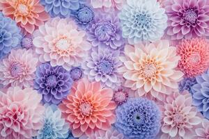 Diverse pastel flowers creating a vibrant floral pattern for decoration photo