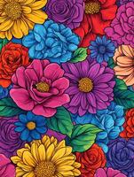 Colorful floral pattern with diverse blooms showcasing vibrant artistry photo