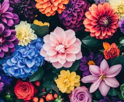 Vibrant arrangement of various flowers in an enchanting display of colors photo