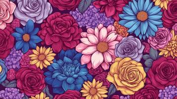 vistoso floral modelo presentando un variedad de flores en un oscuro antecedentes foto