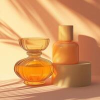 Elegant orange glass vases and bottles on a soft pastel background photo