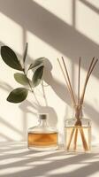 Elegant decor with fragrance and natural elements in soft lighting photo