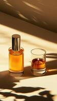 Elegant amber perfume bottle and candle casting warm shadows indoors photo