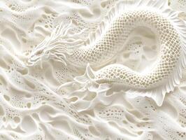 Intricate white dragon emerging from textured ethereal background photo