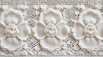 Intricate white knitted fabric featuring floral patterns in soft yarn photo