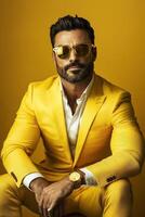 Stylish man in yellow suit with sunglasses poses against bright backdrop photo