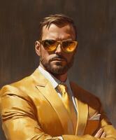 Confident man in a stylish yellow suit with sunglasses posing photo