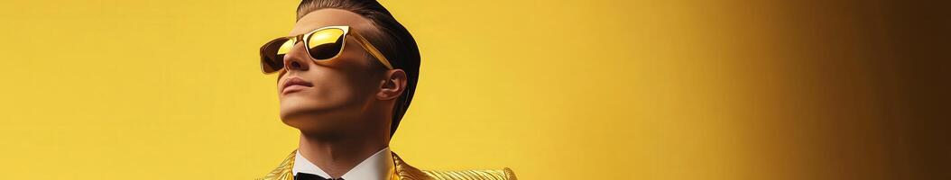 Musician in bright sunglasses poses against a golden background photo