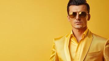 Stylish man in yellow suit poses confidently against a bright background photo