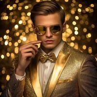 joven hombre con confianza usa un dorado traje y Gafas de sol a un evento foto