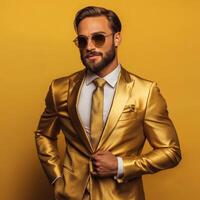 Stylish man in gold suit poses confidently against yellow backdrop photo
