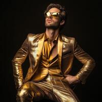 Stylish man in golden suit posing confidently against dark background photo