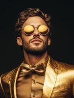 Man in golden suit and sunglasses poses confidently against dark background photo