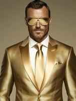 elegante hombre en oro traje con Gafas de sol poses con confianza para el cámara foto