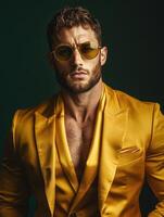 Portrait of a stylish man in yellow suit and sunglasses against dark background photo
