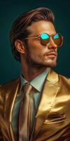 Stylish man in golden suit and sunglasses poses against dark background photo