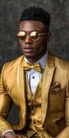 Elegant man in golden suit with sunglasses posing against a dark background photo