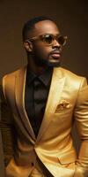 Stylish man in a golden suit poses confidently in an elegant studio setting photo