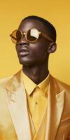 Stylish model poses in vibrant yellow attire with matching sunglasses photo
