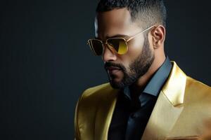 Stylish man in a gold suit and sunglasses poses confidently in dark studio photo