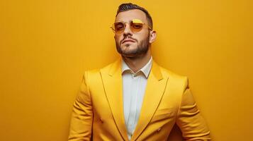 Fashionable man poses confidently against a vibrant yellow background photo