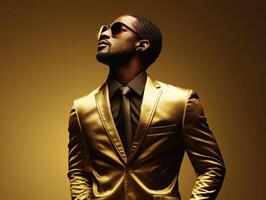 Stylish man in a gold suit poses confidently against a glowing backdrop photo