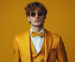 hombre en amarillo traje y sombras poses con confianza en contra brillante fondo foto